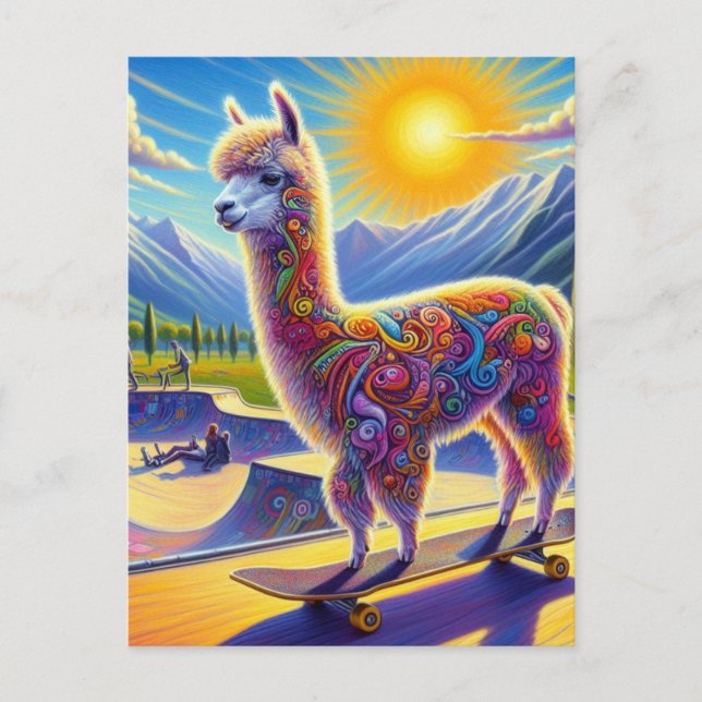 Skateboarding Surreal Adorable Alpaca Postcard (Front)