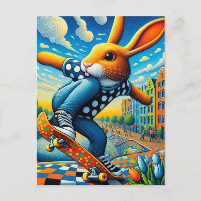 Skateboarding Surreal Adorable Rabbit Postcard (Front)