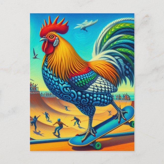 Skateboarding Surreal Colourful and Fun Rooster Postcard (Front)