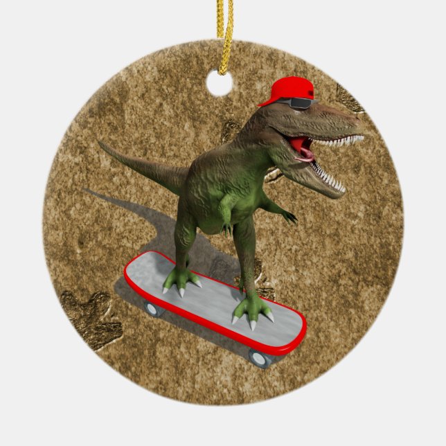 Skateboarding T-Rex Ceramic Tree Decoration (Front)