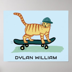 Skateboarding Tabby Cat Cute CUSTOM NAME Nursery Poster
