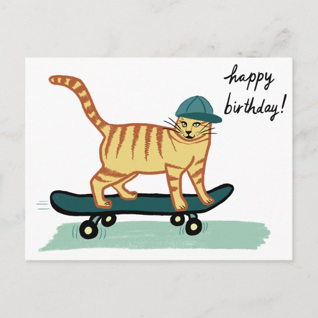 Skateboarding Tabby Cat HAPPY BIRTHDAY Postcard (Front)