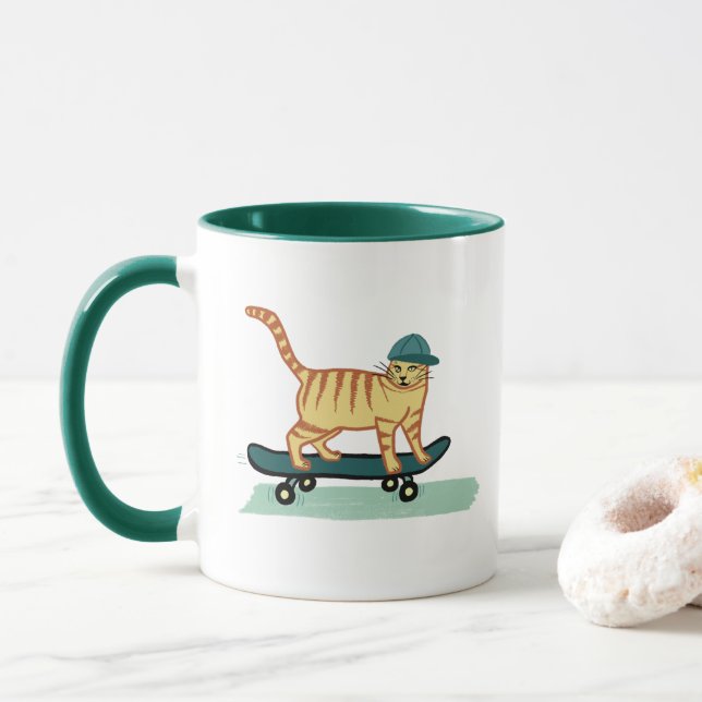 Skateboarding Tabby Cat Mug (With Donut)