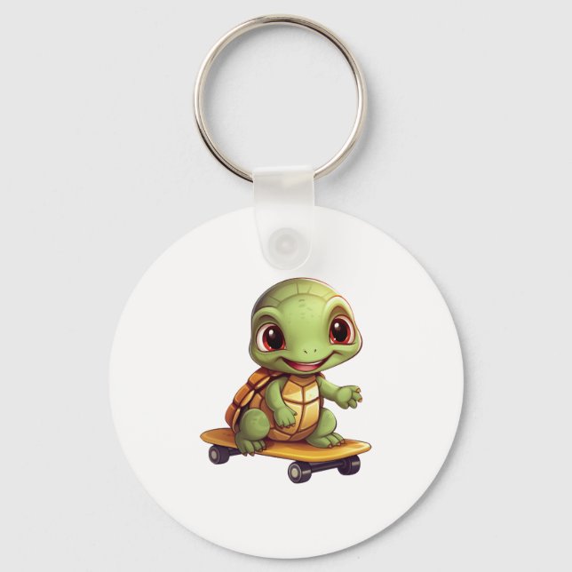 Skateboarding Turtle, Athletic Animal Design Key Ring (Front)