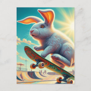 Skateboarding White Bunny Surreal Colourful and Fu Postcard