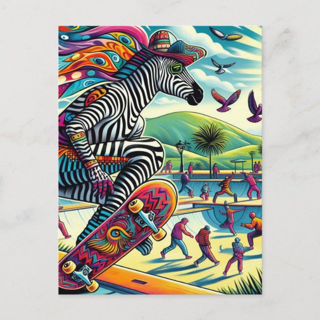 Skateboarding Zebra Colourful and Fun Postcard (Front)