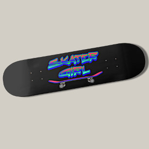 Skater Girl Blue Pink Graffiti Glow Skateboard    
