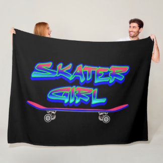 Skater Girl Blue Pink Graffiti Glow Skateboard     Fleece Blanket