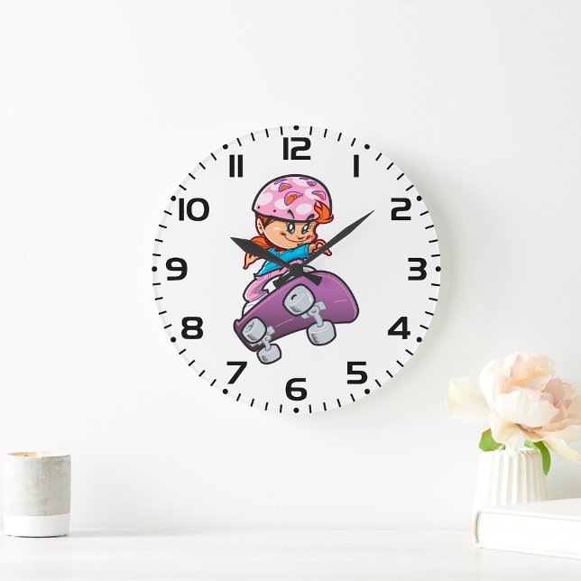 Skater Girl Fun Pink Helmet Skateboard Large Clock (Creator Uploaded)