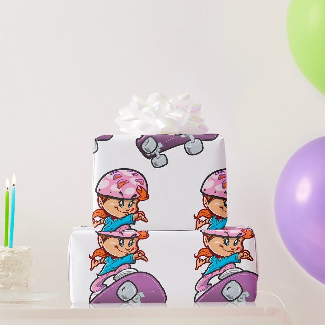 Skater Girl Fun Pink Helmet Skateboard Wrapping Paper (Creator Uploaded)