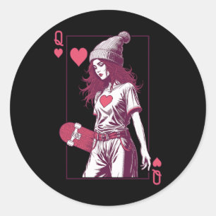 Skater Girl Queen Of Hearts Card Skateboarder Skat Classic Round Sticker