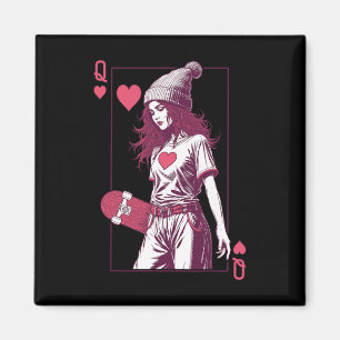 Skater Girl Queen Of Hearts Card Skateboarder Skat Magnet