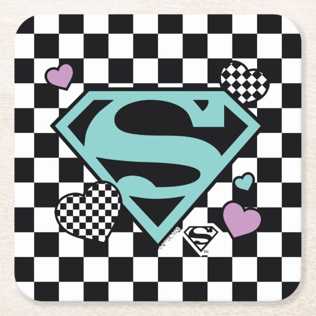Skater Girl Supergirl Hearts S-Shield Square Paper Coaster (Front)