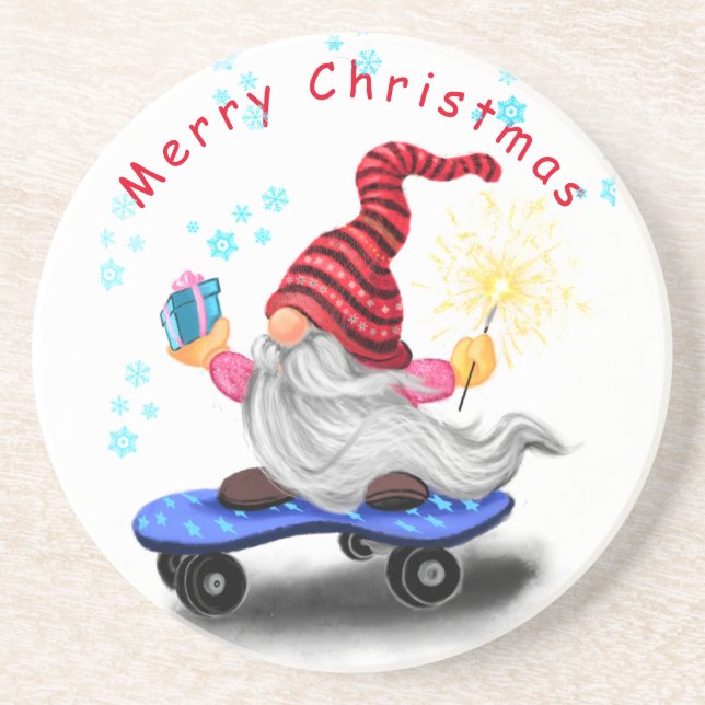 Skater Gnome Christmas Coaster (Front)