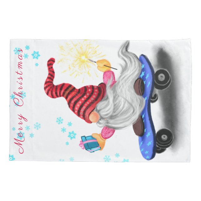 Skater Gnome Christmas Pillow Case (Back)