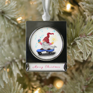 Skater Gnome with Gifts and Sparkler - Christmas Silver Plated Banner Ornament
