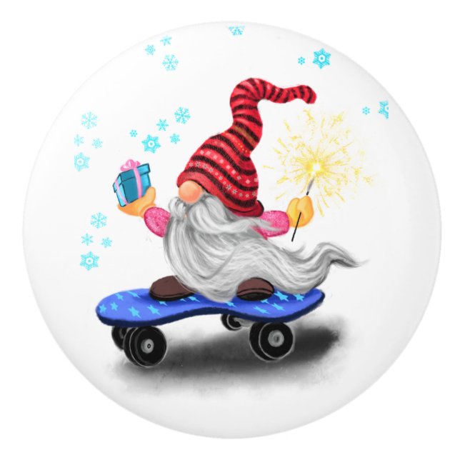 Skater Gnome with Gifts Christmas Ceramic Knob (Front)