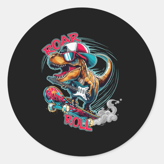 Skater Guitar T-rex Roar Roll Dinosaur For Boys Me Classic Round Sticker (Front)