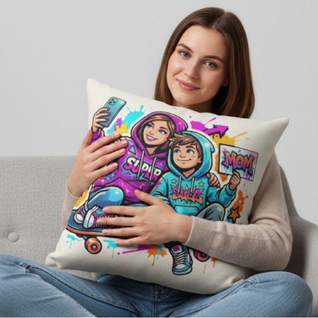 Skater Mom & Son: Vibrant Graffiti Art Pillow (Creator Uploaded)
