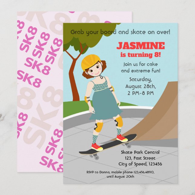 Skater Park Fun Girl Birthday Party Invitation (Front/Back)