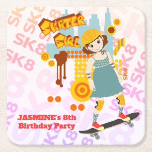 Skater Park Fun Girl Birthday Party Square Paper Coaster