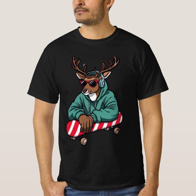 Skater Reindeer – Cool Christmas Skateboard Design T-Shirt (Front)