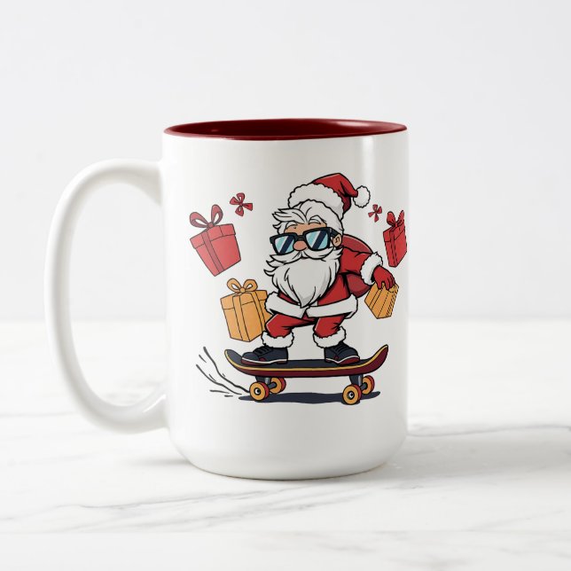 Skater Santa – The Coolest Claus in Town Two-Tone Coffee Mug (Left)