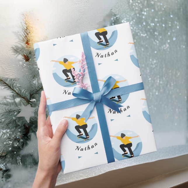 Skater Skateboarding Silhouette & Kids Boy Name Wrapping Paper (Creator Uploaded)