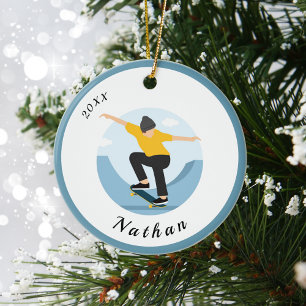 Skater Skateboarding Silhouette Name & Year Dated Ceramic Ornament