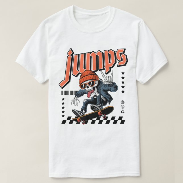 Skater Skeleton "Jumps" Street Style Graphic T-Shirt (Design Front)