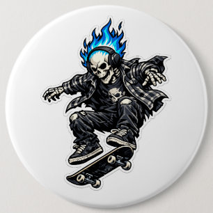 Skater Skeleton with Blue Flame Hair Sticker 6 Cm Round Badge