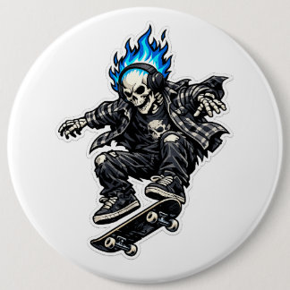 Skater Skeleton with Blue Flame Hair Sticker 6 Cm Round Badge