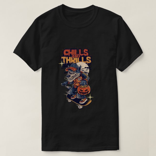 Skater Werewolf Halloween Chills and Thrills Retro T-Shirt (Design Front)
