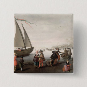 Skaters and a golf party on the ice 15 cm square badge
