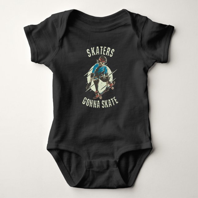 Skaters gonna Skate Skeleton Skateboarder Baby Bodysuit (Front)