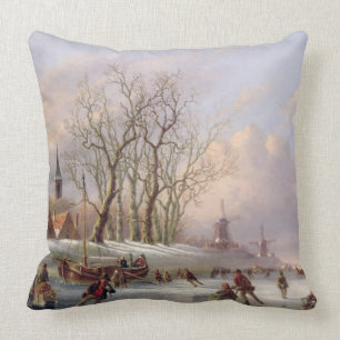 Skaters on a Frozen River before Windmills (oil on Cushion