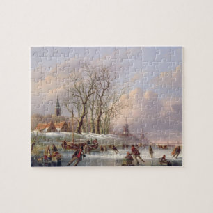 Skaters on a Frozen River before Windmills (oil on Jigsaw Puzzle