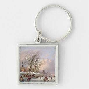 Skaters on a Frozen River before Windmills (oil on Key Ring