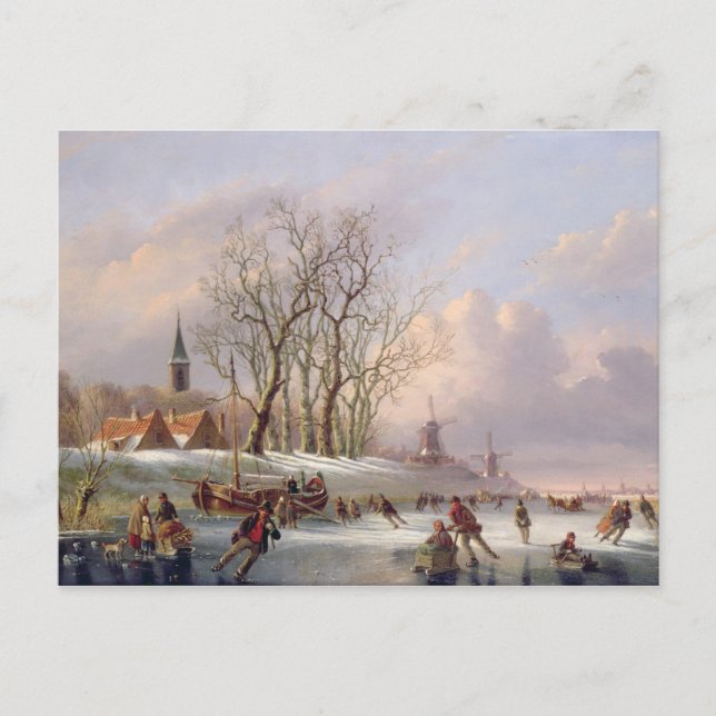 Skaters on a Frozen River before Windmills (oil on Postcard (Front)