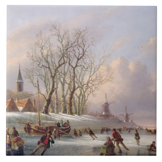 Skaters on a Frozen River before Windmills (oil on Tile (Front)