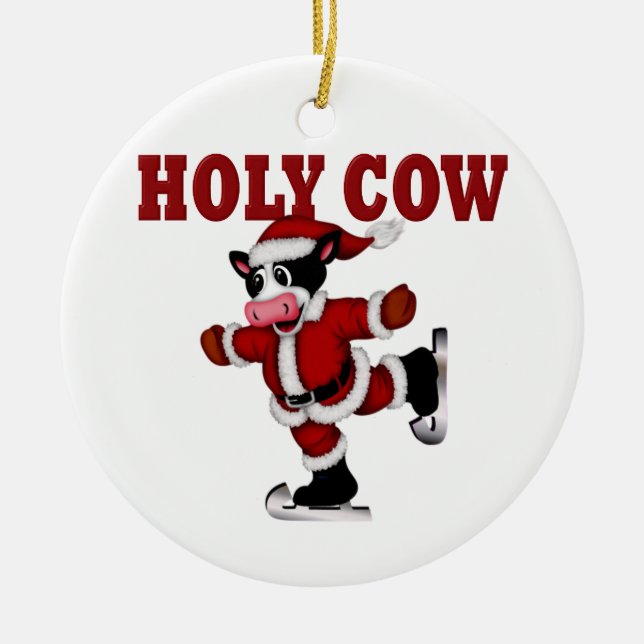 Skating Christmas Cow Ceramic Tree Decoration (Front)