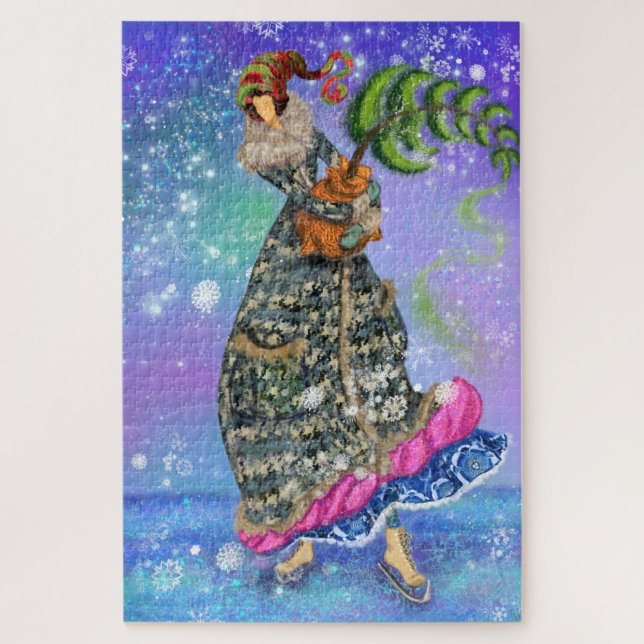 Skating Girl with Christmas Tree Puzzle Painting (Vertical)