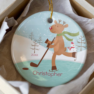 Skating Hockey Reindeer Dated Christmas Ornament