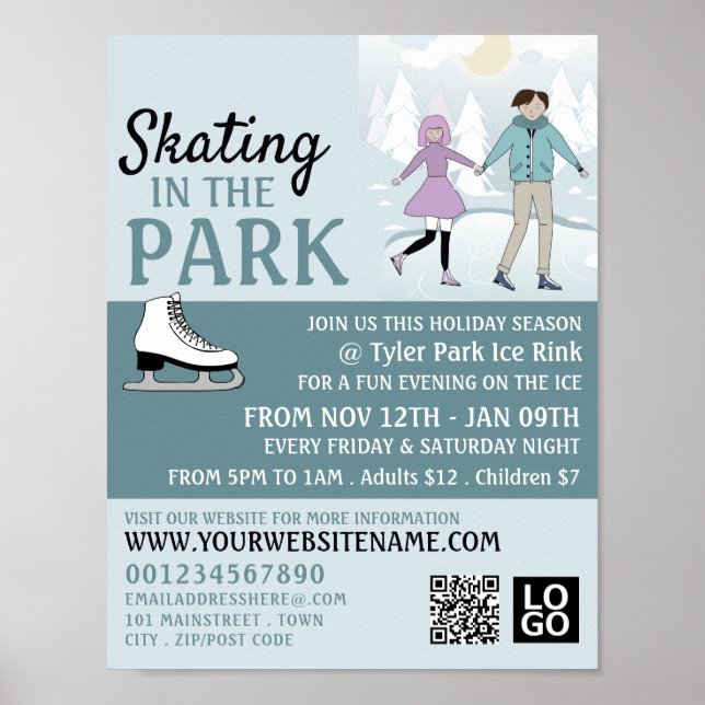 Skating in the Park, Ice Skate Rink Advertising Poster (Front)