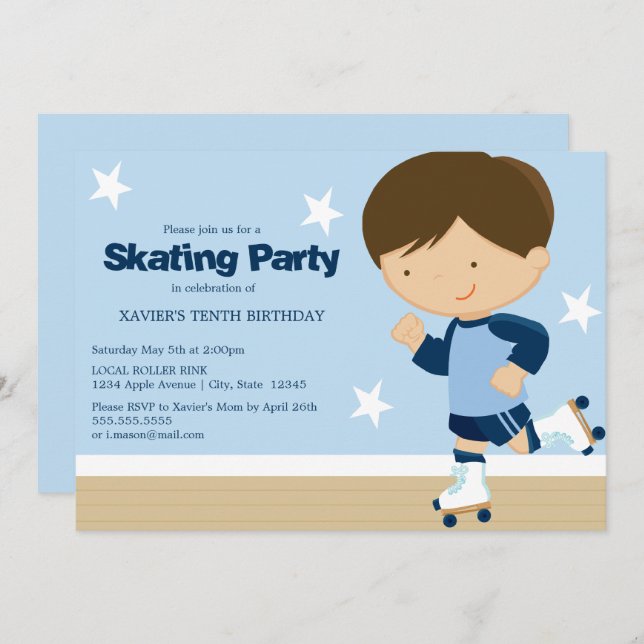 Skating Party | Brunette boy Invitation (Front/Back)