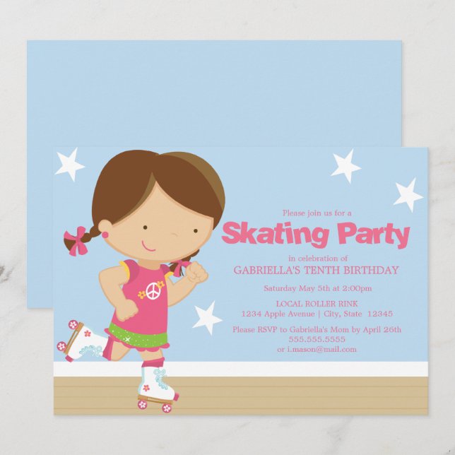 Skating Party | Brunette girl Invitation (Front/Back)