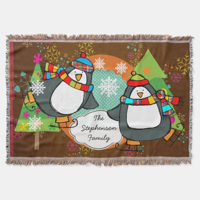 Skating Penguins and Christmas Trees Holiday Throw Blanket (Front)