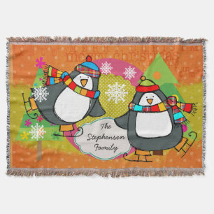 Skating Penguins and Christmas Trees Holiday Throw Blanket