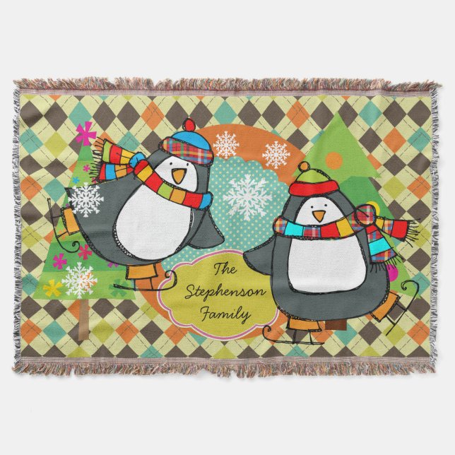 Skating Penguins Argyle Christmas Holiday Throw Blanket (Front)
