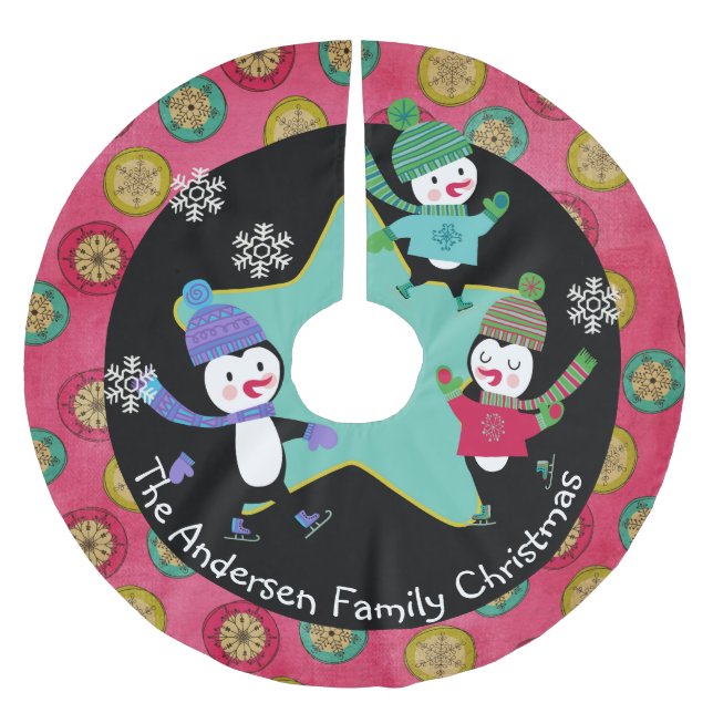 Skating Penguins Personalised Holiday Tree Skirt 3 (Front)